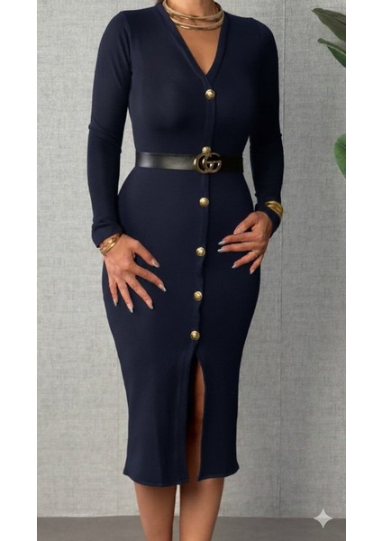 Kadın Uzun Kollu V Yakalı Önden Düğmeli Yırtmaçlı Modal Midi Kemersiz Elbise fiyatları