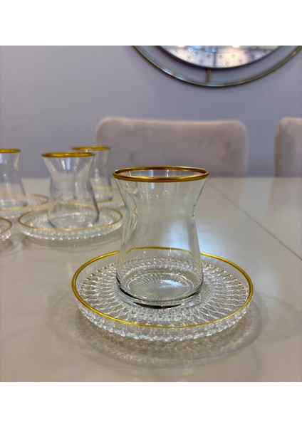 12 Parça Altın Yaldızlı Lüks Çay Seti – Şık Tasarım Cam Çay Bardakları ve Tabağı Seti modelleri