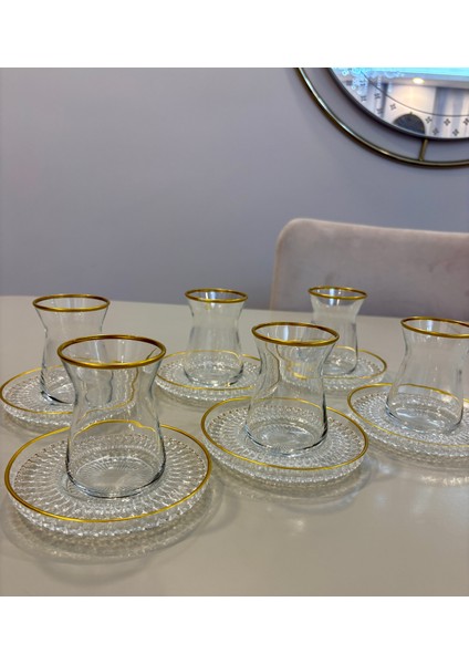 12 Parça Altın Yaldızlı Lüks Çay Seti – Şık Tasarım Cam Çay Bardakları ve Tabağı Seti fırsatları