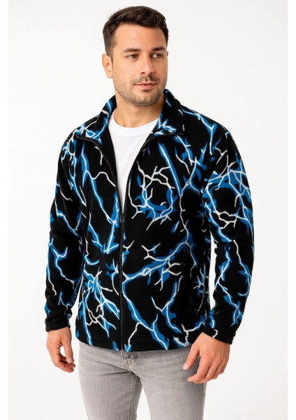 Erkek Tam Fermuarlı Desenli Polar Sweat Lightning Desen Yakalı, Uzun Kollu, Oversize Rahat Kalıp - Siyah
