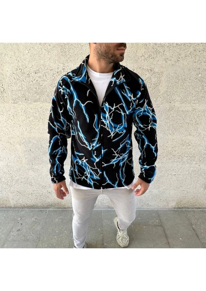 Erkek Tam Fermuarlı Desenli Polar Sweat Lightning Desen Yakalı, Uzun Kollu, Oversize Rahat Kalıp - Siyah modelleri