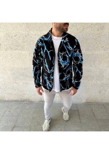 Erkek Tam Fermuarlı Desenli Polar Sweat Lightning Desen Yakalı, Uzun Kollu, Oversize Rahat Kalıp - Siyah fırsatları