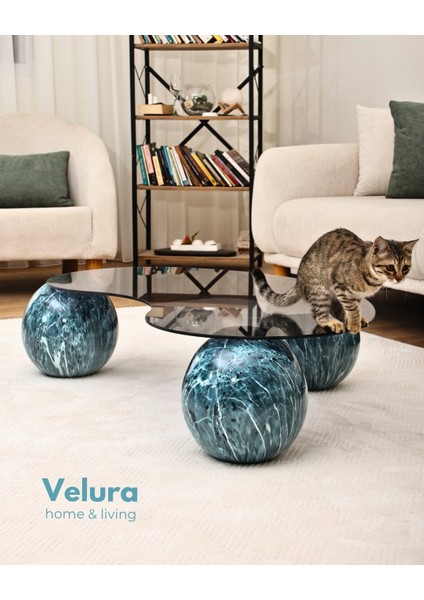 Modern Orta Sehpa & Küre Sehpa & Top Sehpa & Füme Fasulye Cam & Ocean