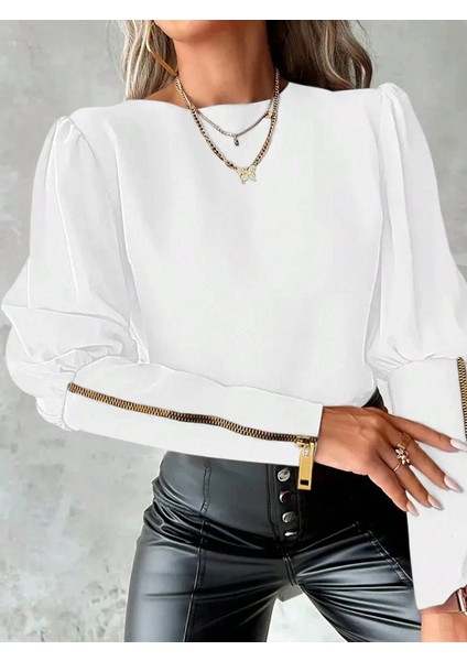 Kadın Uzun Kollu Bisiklet Yaka Fermuar Detaylı Ithal Krep Bluz
