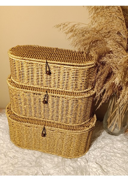 3'lü Rattan Oval Kapaklı Düğmeli Kutu / Organizer / Düzenleyici fiyatları