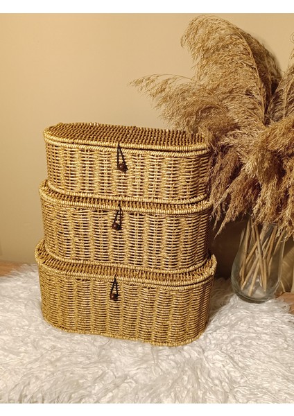 3'lü Rattan Oval Kapaklı Düğmeli Kutu / Organizer / Düzenleyici indirimleri