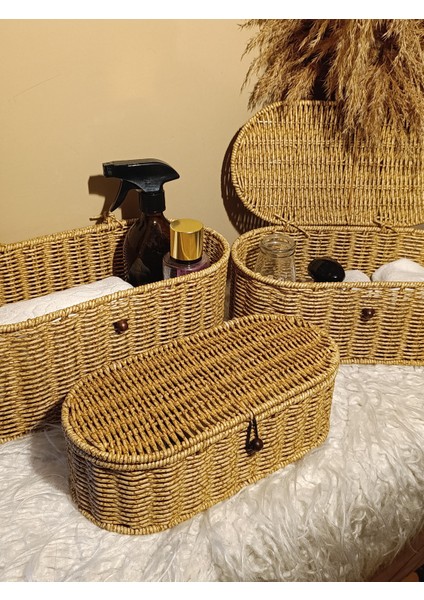 3'lü Rattan Oval Kapaklı Düğmeli Kutu / Organizer / Düzenleyici