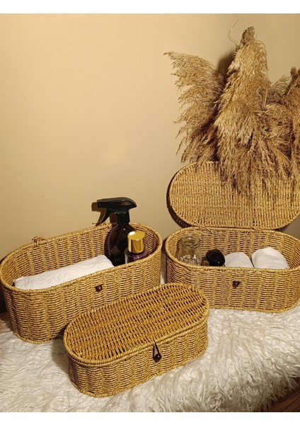 3'lü Rattan Oval Kapaklı Düğmeli Kutu / Organizer / Düzenleyici