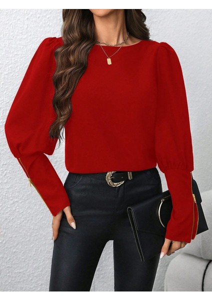 Kadın Uzun Kollu Bisiklet Yaka Fermuar Detaylı Ithal Krep Bluz fırsatları