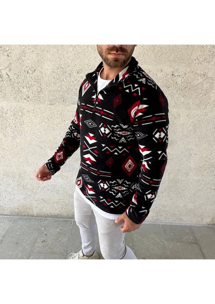 Erkek Yarım Fermuarlı Desenli Polar Sweat Tribal Etnik Desen Yakalı, Uzun Kollu, Oversize Rahat Kalıp, - Siyah fiyatları
