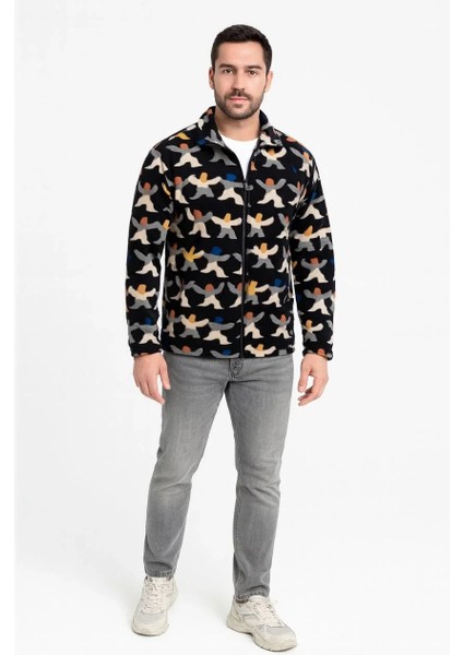 Erkek Tam Fermuarlı Desenli Polar Sweat – Siyah Multicolor Figür Desen Yakalı, Uzun Kollu, Oversize Rahat Kalıp- Siyah