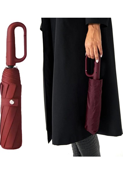 10 Fiber Telli Tam Otomatik Şemsiye Güçlendirilmiş Telli Kanca Saplı Şemsiye - Bordo