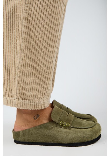 Ziva 2 Kadın Hakiki Deri Loafer Sabo Haki Terlik