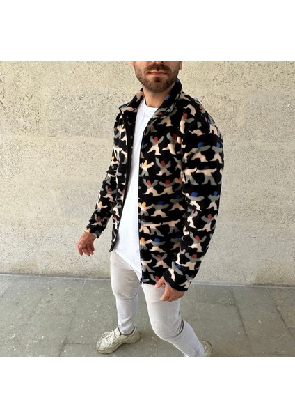 Erkek Tam Fermuarlı Desenli Polar Sweat – Siyah Multicolor Figür Desen Yakalı, Uzun Kollu, Oversize Rahat Kalıp- Siyah modelleri