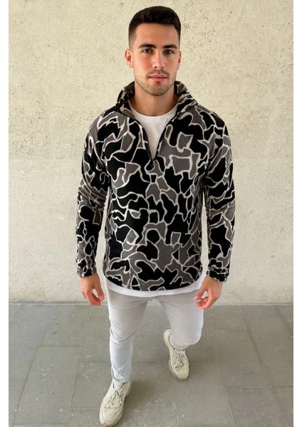 Erkek Yarım Fermuarlı Desenli Polar Sweat Yakalı, Uzun Kollu, Oversize Rahat Kalıp - Siyah