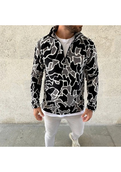 Erkek Yarım Fermuarlı Desenli Polar Sweat Yakalı, Uzun Kollu, Oversize Rahat Kalıp - Siyah fırsatları