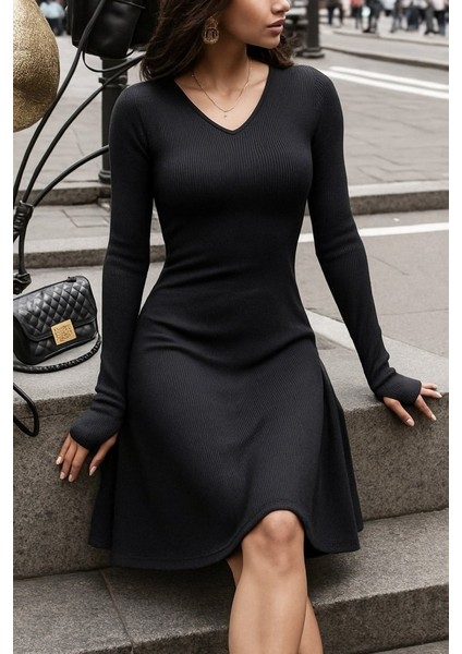 Kadın Uzun Kollu Bisiklet Yaka Kısa Kaşkorse Elbise