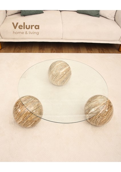 Modern Orta Sehpa & Küre Sehpa & Top Sehpa & Şeffaf Yuvarlak Cam & Treverten Mermer