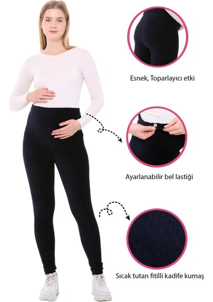 Beli Ayarlanabilir Kışlık Kadife Hamile Tayt %50 Pamuk %50 Polyester Lacivert