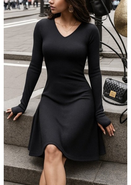 Kadın Uzun Kollu Bisiklet Yaka Kısa Kaşkorse Elbise modelleri