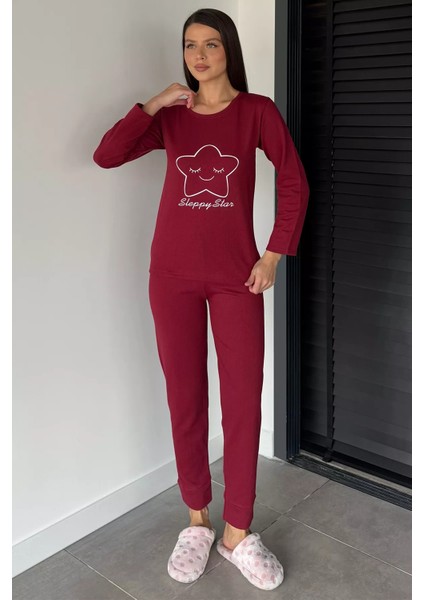 Kadın Bisiklet Yaka Baskılı Uzun Kol Pijama Takımı P-00018715