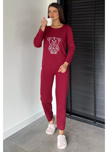Kadın Baskılı Uzun Kol Bisiklet Yaka Pijama Takımı P-00018716