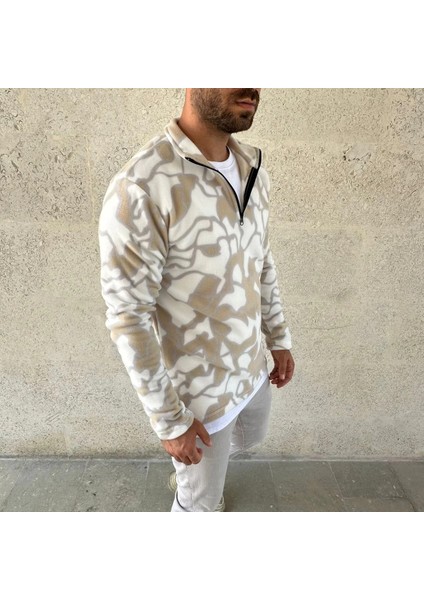Erkek Yarım Fermuarlı Desenli Polar Sweat Yakalı, Uzun Kollu, Oversize Rahat Kalıp - Bej fırsatları