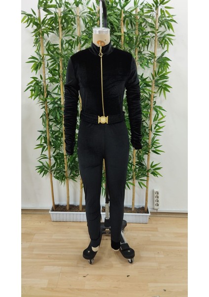 Kadın Uzun Kollu Önden Fermuar Detaylı Kemerli Kadife Tulum