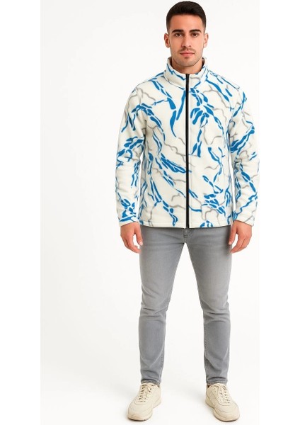 Erkek Tam Fermuarlı Desenli Polar Sweat Lightning Desen Yakalı, Uzun Kollu, Oversize Rahat Kalıp - Beyaz