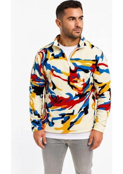 Erkek Yarım Fermuarlı Desenli Polar Sweat – Renkli Abstract Desen Yakalı, Uzun Kollu, Oversize Rahat Kalıp, - Beyaz