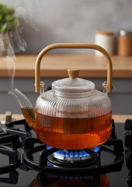 Bambu Saplı Cam Demlik - Cam Çaydanlık - 1 Litre