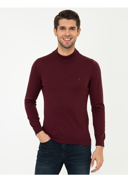 Erkek Bordo Slim Fit Yarım Balıkçı Yaka Basic Triko Kazak 50248552-VR014