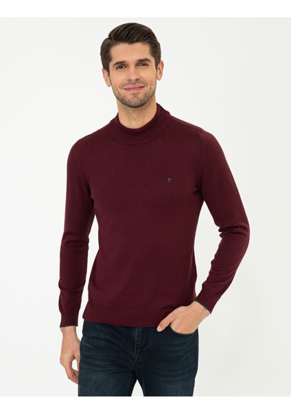 Erkek Bordo Slim Fit Yarım Balıkçı Yaka Basic Triko Kazak 50248552-VR014 modelleri
