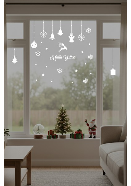 Mutlu Yıllar Yazısı Kar Taneleri ve Kutular Balonlar Vitrin Stickerları Yılbaşı Cam Kapı Sticker 70X50 cm fiyatları
