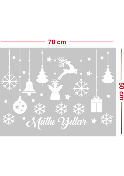 Mutlu Yıllar Yazısı Kar Taneleri ve Kutular Balonlar Vitrin Stickerları Yılbaşı Cam Kapı Sticker 70X50 cm modelleri