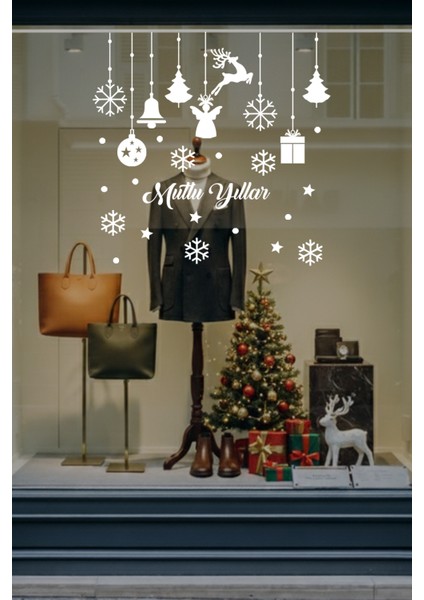 Mutlu Yıllar Yazısı Kar Taneleri ve Kutular Balonlar Vitrin Stickerları Yılbaşı Cam Kapı Sticker 70X50 cm indirimleri