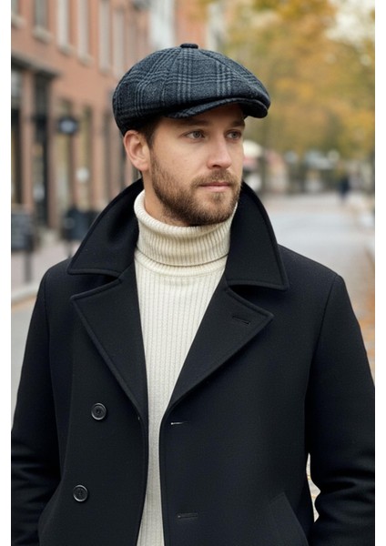 Erkek Ekose Desenli Antrasit Yün İtalyan Kasket Şapka