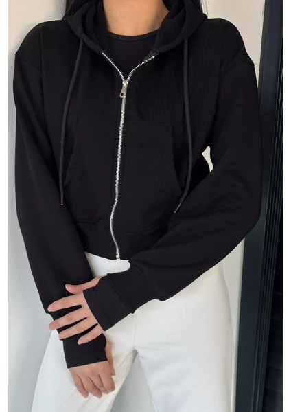 Kadın Kapüşonlu Şardonlu Ön Fermuarlı Crop Top Sweatshirt P-00018833