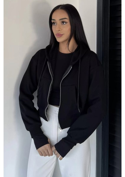 Kadın Kapüşonlu Şardonlu Ön Fermuarlı Crop Top Sweatshirt P-00018833 fiyatları