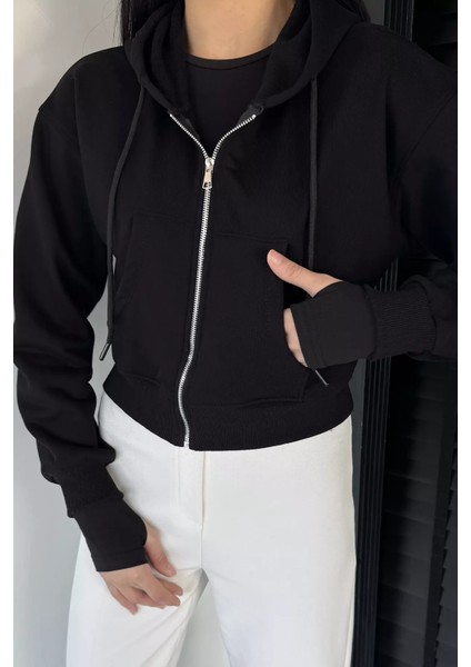 Kadın Kapüşonlu Şardonlu Ön Fermuarlı Crop Top Sweatshirt P-00018833 modelleri