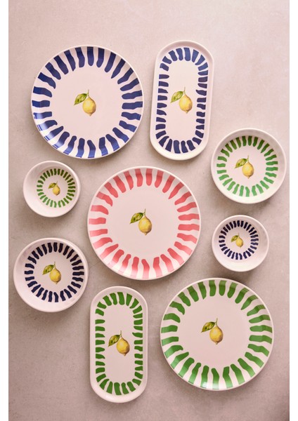 Limone 14 Parça 6 Kişilik Seramik Kahvaltı Seti Limon Desenli Stackable Sunum Tabağı