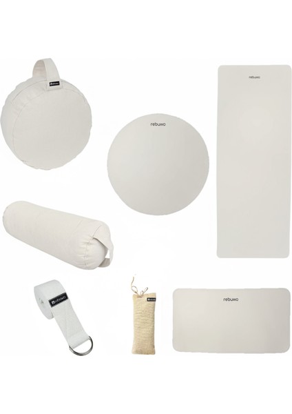 Hot Yoga & Meditasyon Seti – Hot Yoga Matı-Meditasyon Pedi+ Rebuwo Bej Meditasyon Minderi+Rebuwo Lavantalı Meditasyon Göz Yastığı+ Bolster ve Yoga Kemeri (Bej)