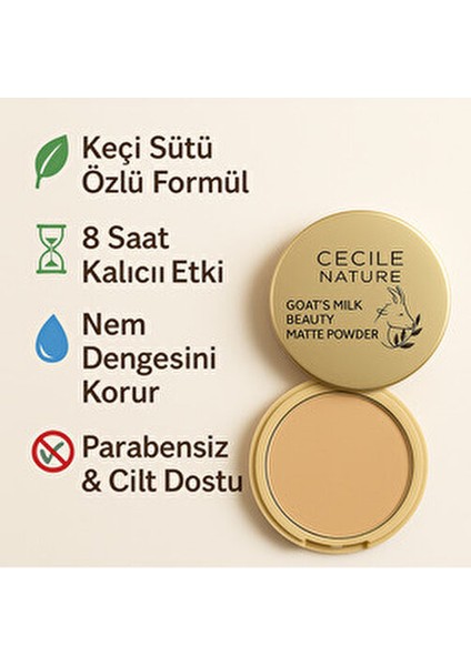 Matte Powder 02 Keçi Sütü İçeren Hassas Ciltler İçin 8 Saat Yağ Kontrolü