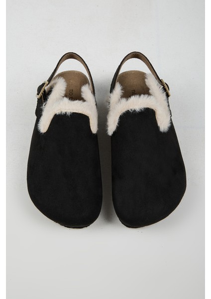 Lapaz Kürklü Kadın Vegan Deri Tokalı Siyah Sabo Terlik
