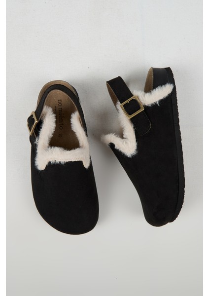 Lapaz Kürklü Kadın Vegan Deri Tokalı Siyah Sabo Terlik modelleri
