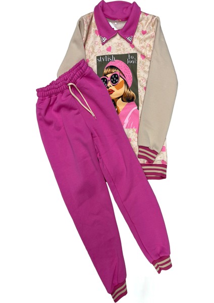 Kız Çocuk Görsel Baskılı Yaka Taşlı 3 Iplik Alt Üst Takım 12321