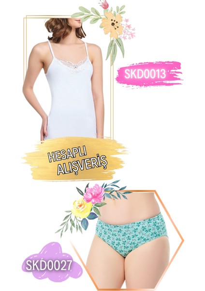 Kadın Ip Askılı Hazır Yaka Atlet ve Desenli Külot Takım 6'lı Set (12 Parça) SKD0013 - SKD0027