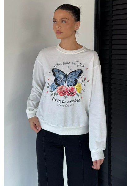 Kadın Bisiklet Yaka Kelebek Baskılı Taş Işlemeli Sweatshirt P-00018830