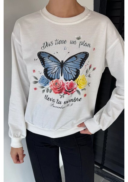 Kadın Bisiklet Yaka Kelebek Baskılı Taş Işlemeli Sweatshirt P-00018830 fiyatları