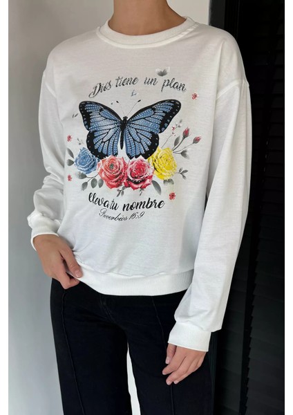 Kadın Bisiklet Yaka Kelebek Baskılı Taş Işlemeli Sweatshirt P-00018830 modelleri